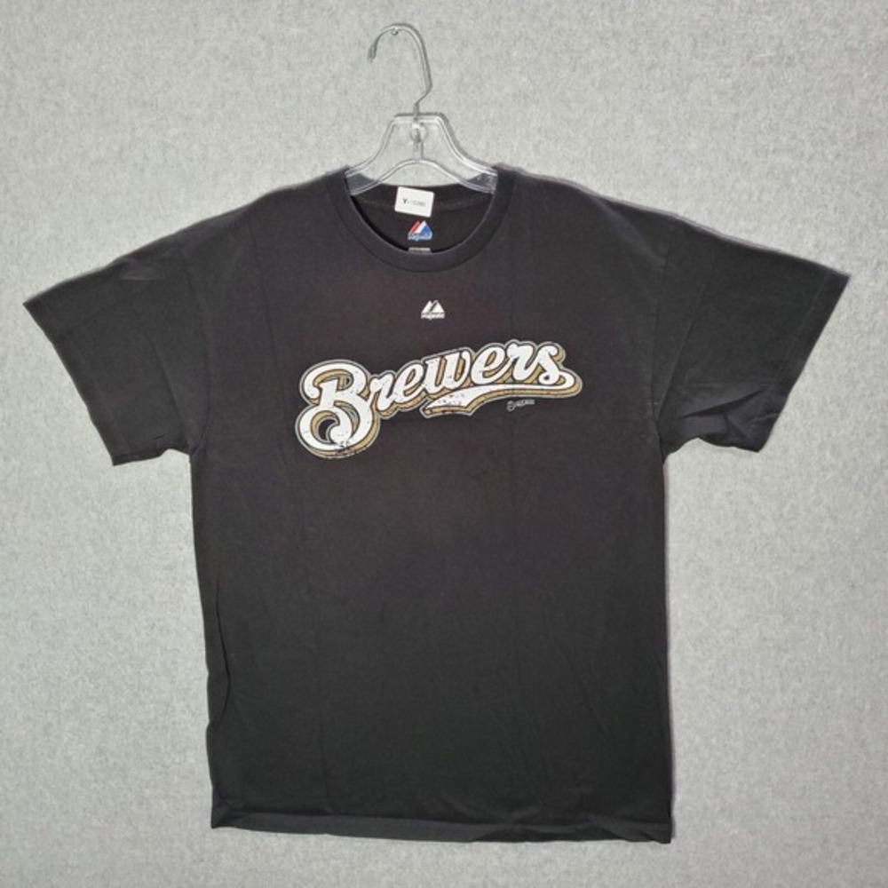 Milwaukee Brewers Men T-Shirt Large Black Majestic Logo Short Sleeve Tee